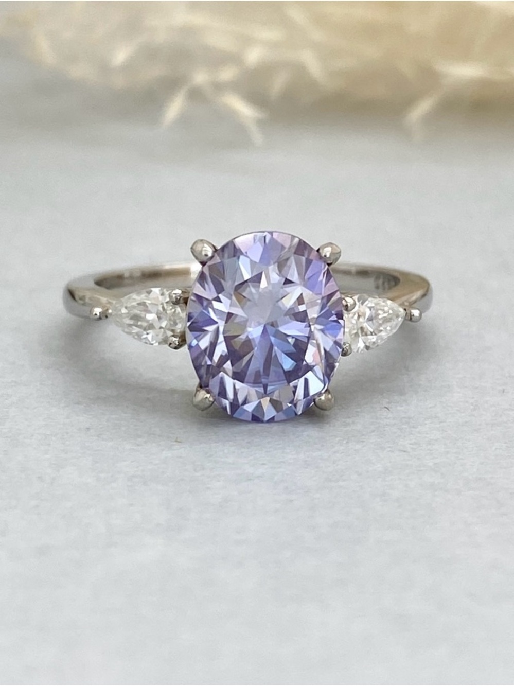 Oval Lavender Light Purple Moissanite Sterling Silver Pear CZ Three Stone Ring